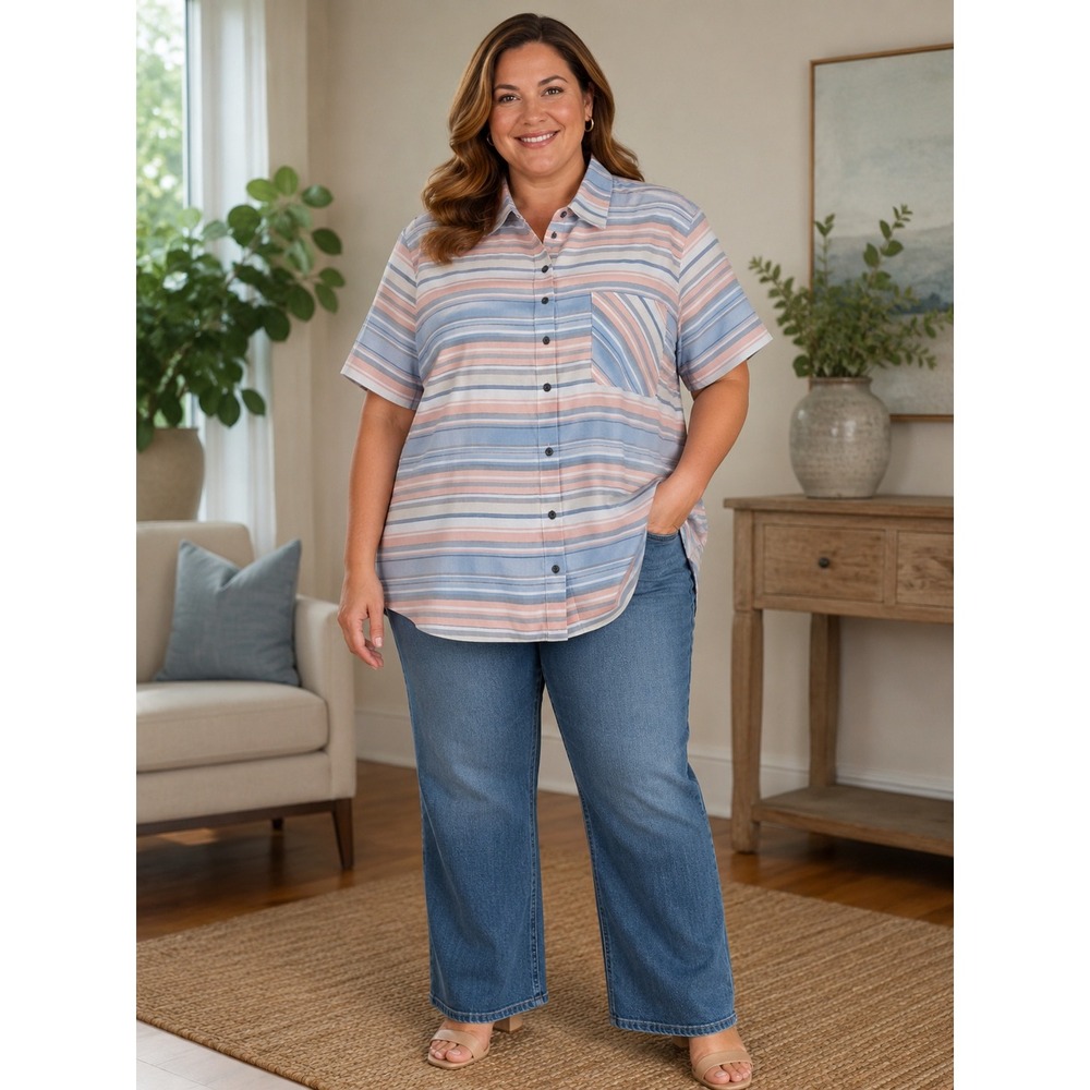 NWT Noble Outfitters Button Down Women 2X Blue Pink Striped Short Sleeve Shirt